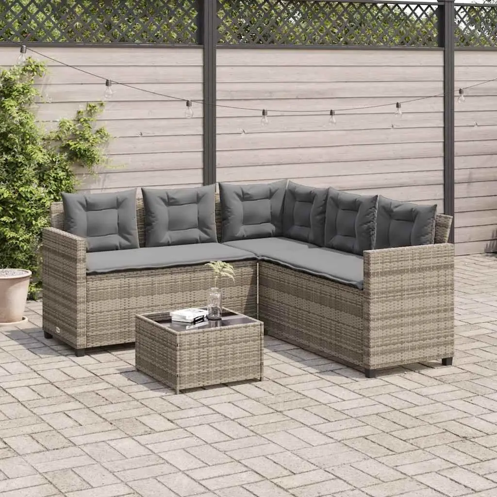 L-Shaped Garden Sofa Set Grey Poly Rattan Outdoor Patio Furniture with Table