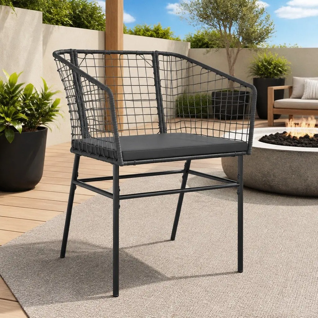Outdoor Garden Chairs Set of 2 with Cushions Black Poly Rattan Patio Seating