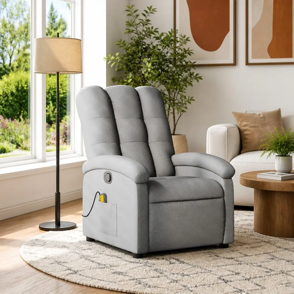 Massage Recliner Chair Manual Recline Light Grey Fabric 6 Vibration Points