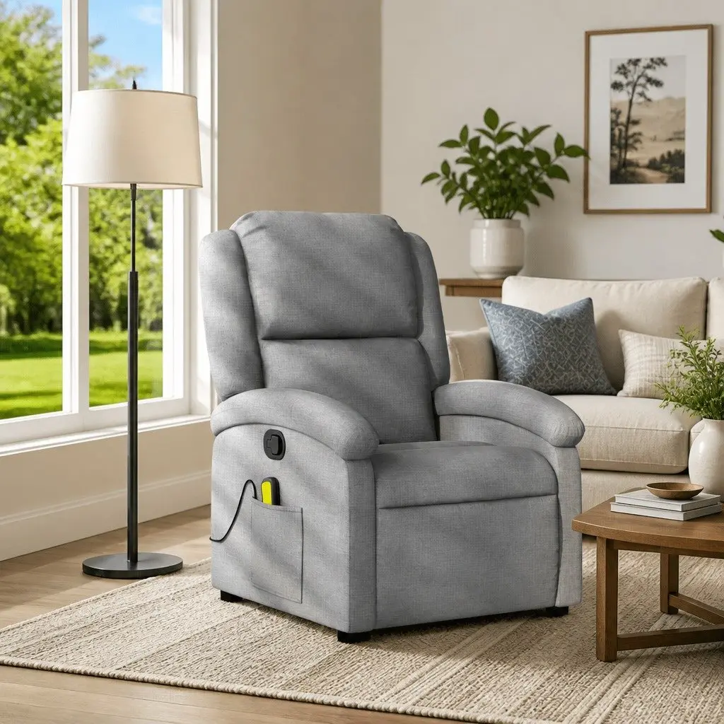 Massage Recliner Chair Light Grey Fabric Manual Reclining Armchair Vibration 6