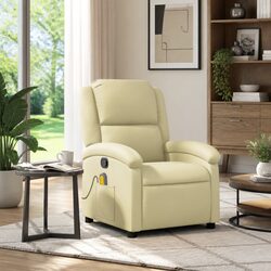 Massage Recliner Chair Cream Real Leather Manual Recline Vibration 6 Points