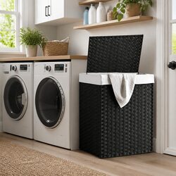 Laundry Basket with Lid Black Poly Rattan Foldable Storage Hamper Removable
