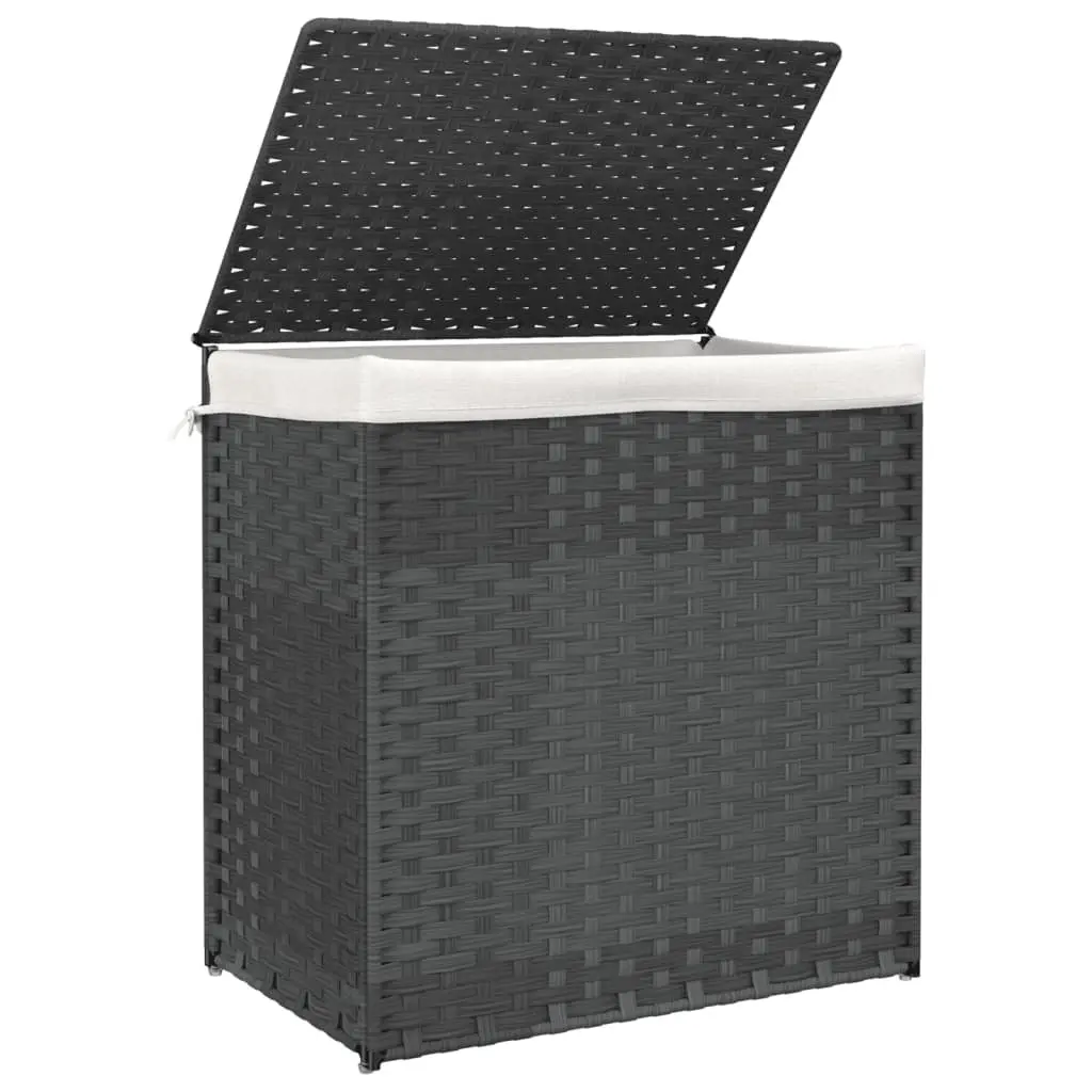 Laundry Basket 2 Sections Grey 53x35x57 cm Poly Rattan Storage Bin with Lid