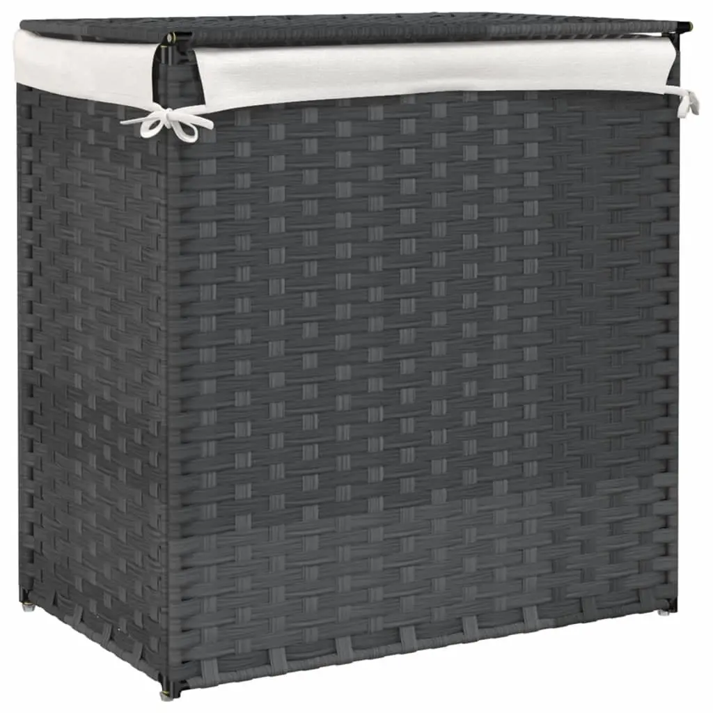 Laundry Basket 2 Sections Grey 53x35x57 cm Poly Rattan Storage Bin with Lid