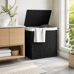 Laundry Basket 2 Sections Black Poly Rattan 53x35x57cm Foldable Household