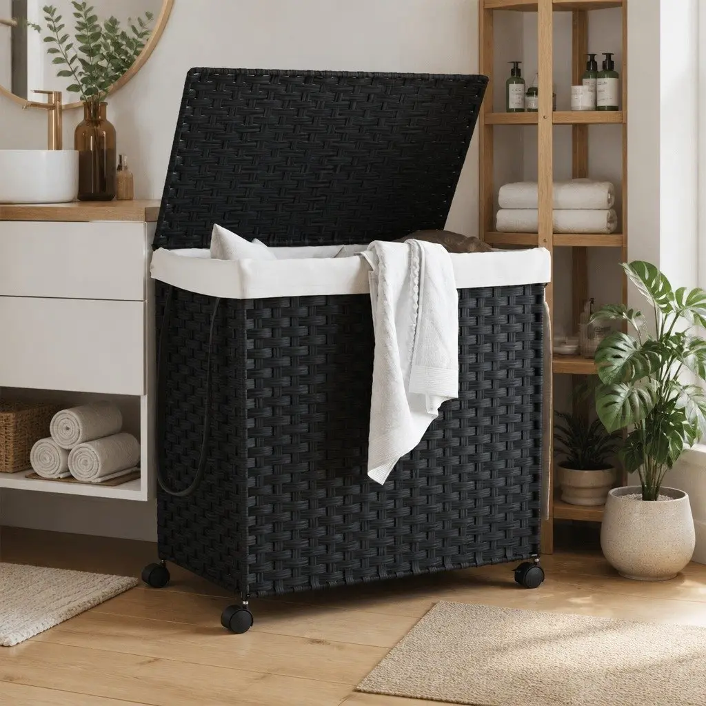 Rattan Laundry Basket with Wheels Black 60x35x60.5cm Hamper 3 Compartments Lid