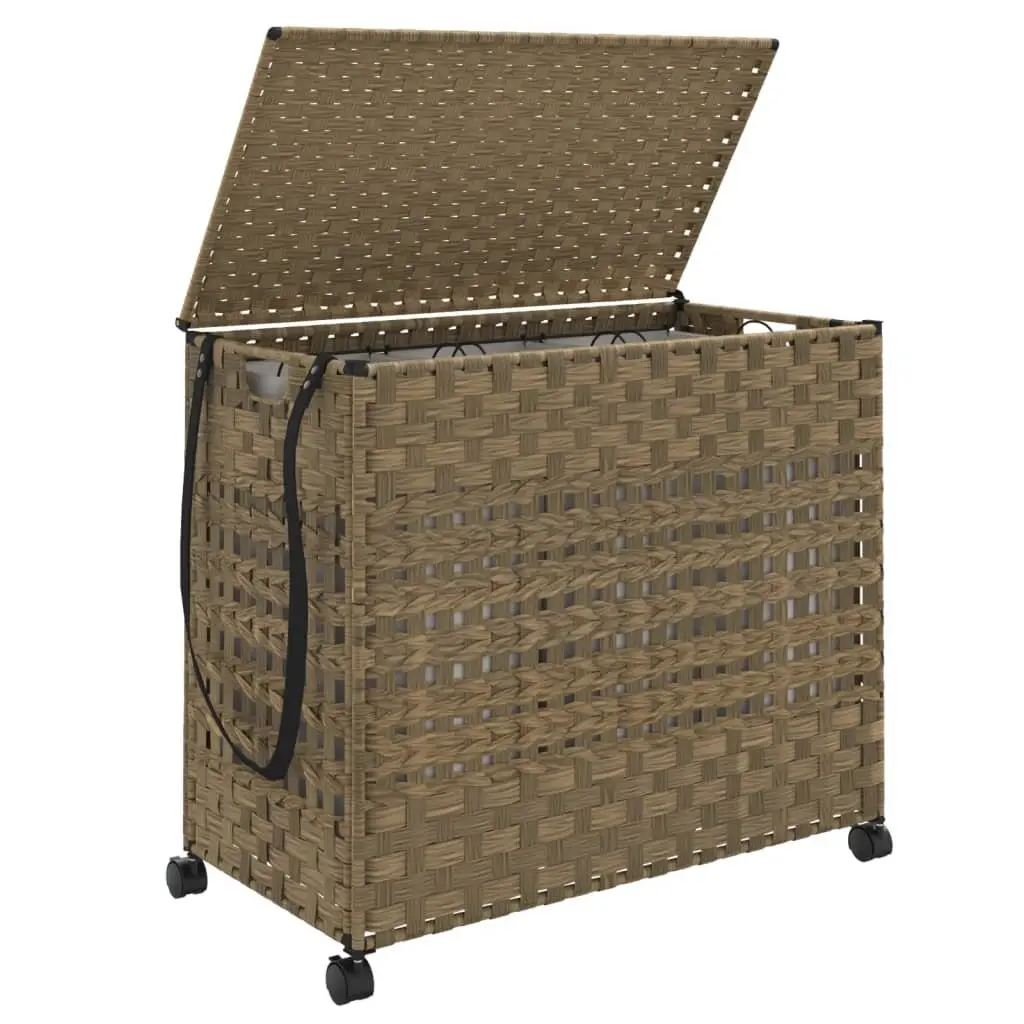 Laundry Basket with Wheels Hand-Woven Rattan Brown 66x35x60cm