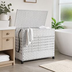 Laundry Basket with Wheels White Rattan Hand-Woven 3 Compartments Sorting
