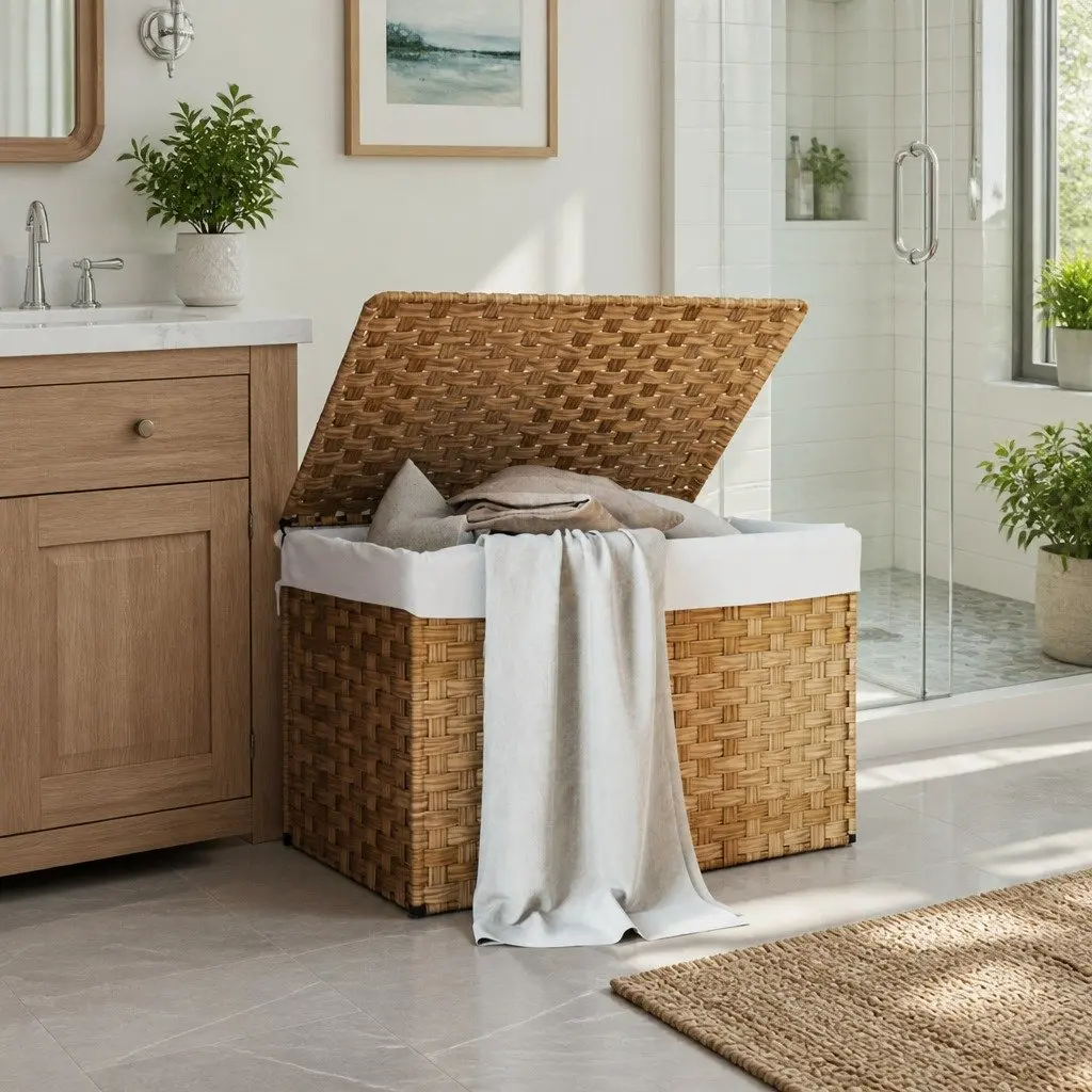 Laundry Basket with Lid Brown Poly Rattan Foldable Storage Bin Household