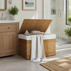 Laundry Basket with Lid Brown Poly Rattan Foldable Storage Bin Household