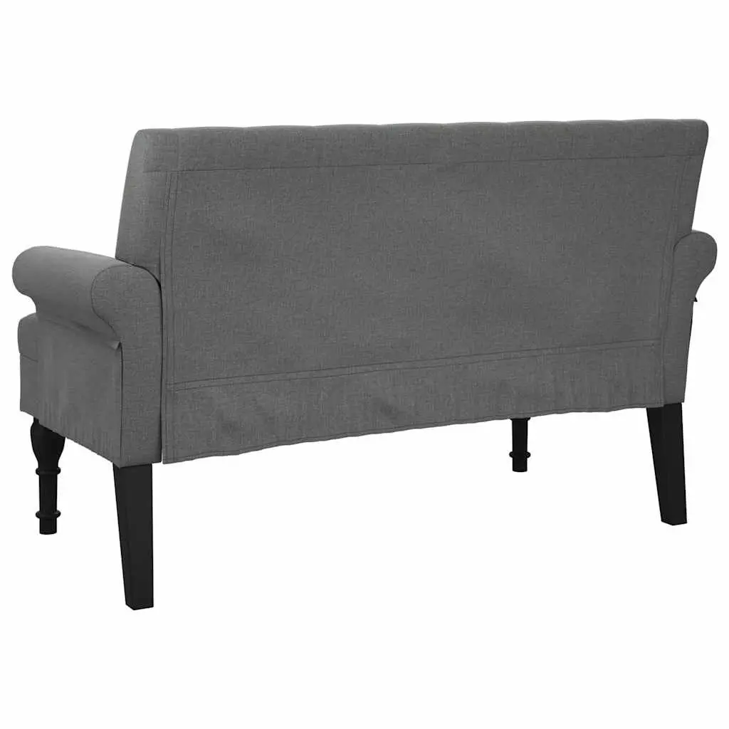 Bench Grey Fabric Padded Seat Backrest Armrests Button Tufts Wooden Feet 120 x 62 x 75.5 cm