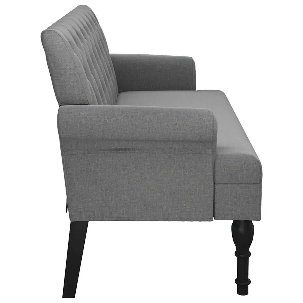 Bench Grey Fabric Padded Seat Backrest Armrests Button Tufts Wooden Feet 120 x 62 x 75.5 cm