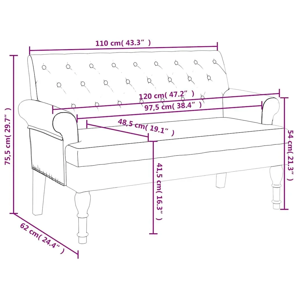 Bench Grey Fabric Padded Seat Backrest Armrests Button Tufts Wooden Feet 120 x 62 x 75.5 cm