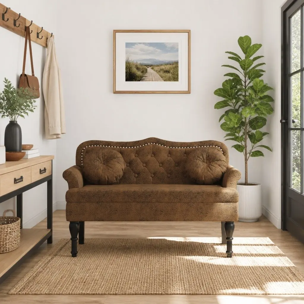 Bench Brown Faux Suede Upholstered Seat Backrest Armrests 120.5 x 65 x 75 cm