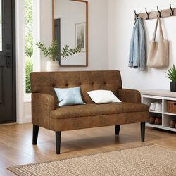 Bench with Backrest Brown Faux Suede Leather Seating Armrests Wooden Feet