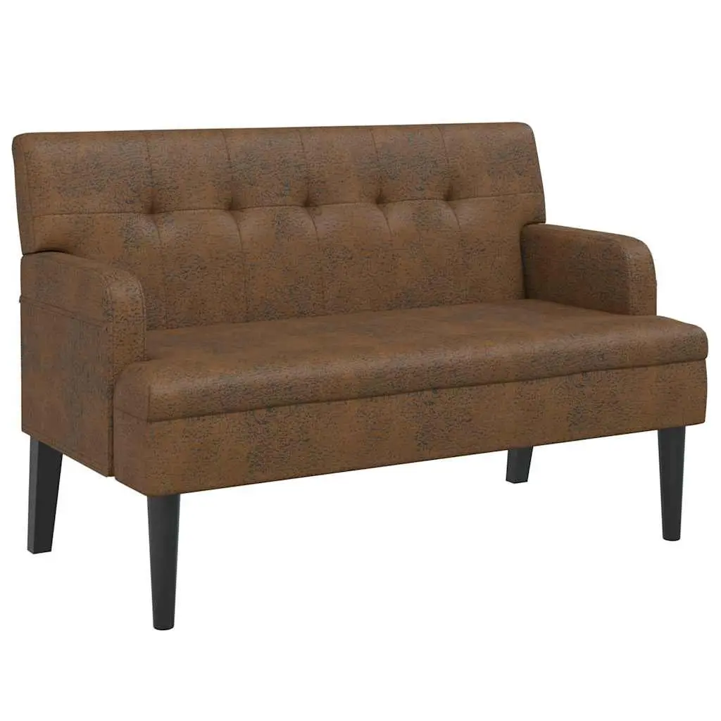 Brown Faux Suede Leather Bench Padded Seating with Backrest and Armrests 112x65.5x75cm