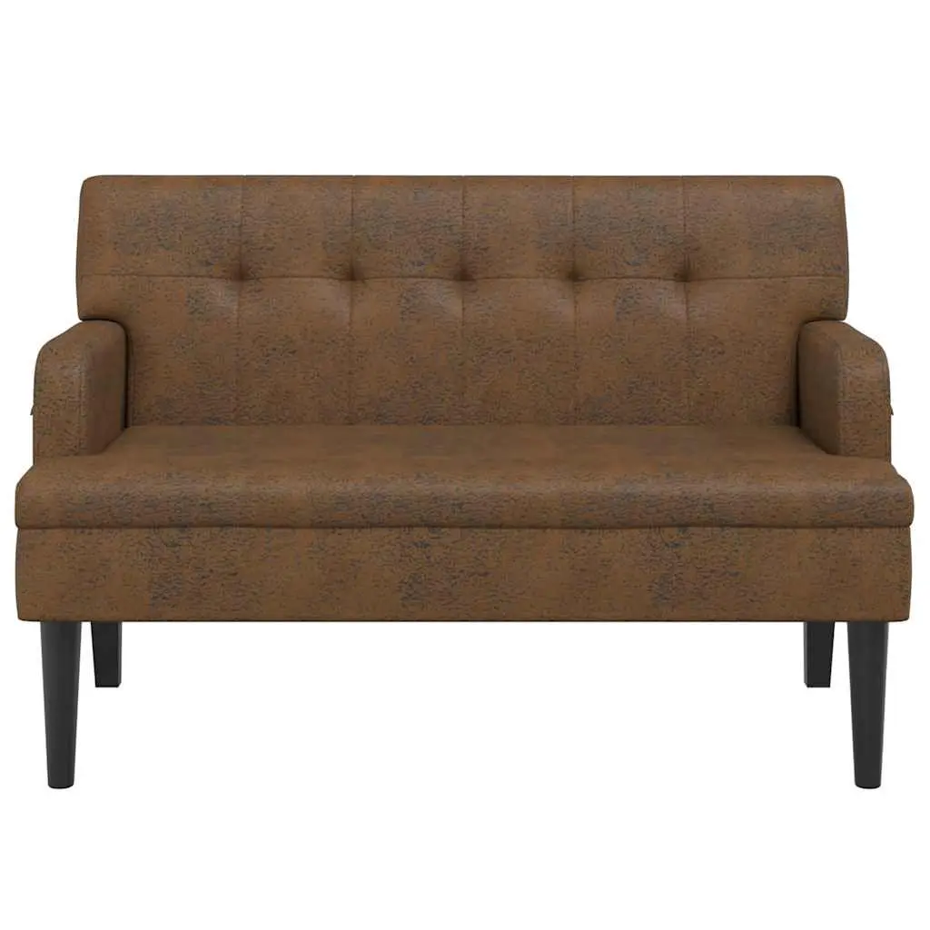 Brown Faux Suede Leather Bench Padded Seating with Backrest and Armrests 112x65.5x75cm