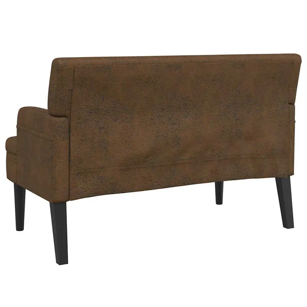 Brown Faux Suede Leather Bench Padded Seating with Backrest and Armrests 112x65.5x75cm