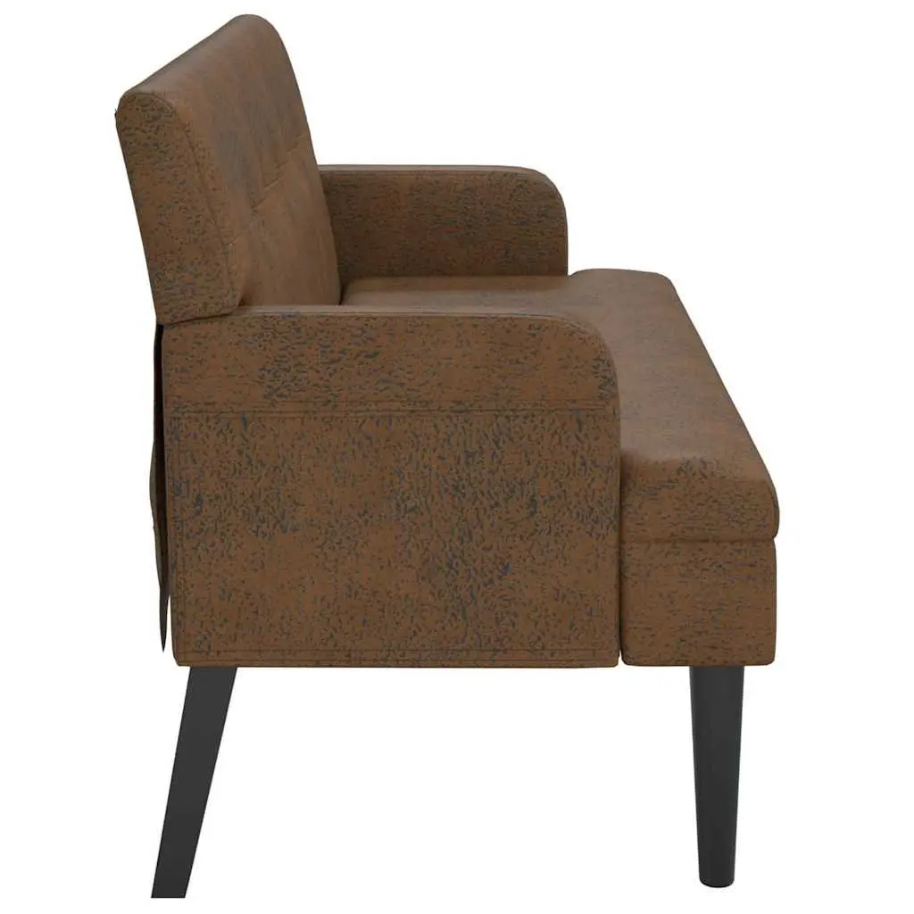 Brown Faux Suede Leather Bench Padded Seating with Backrest and Armrests 112x65.5x75cm