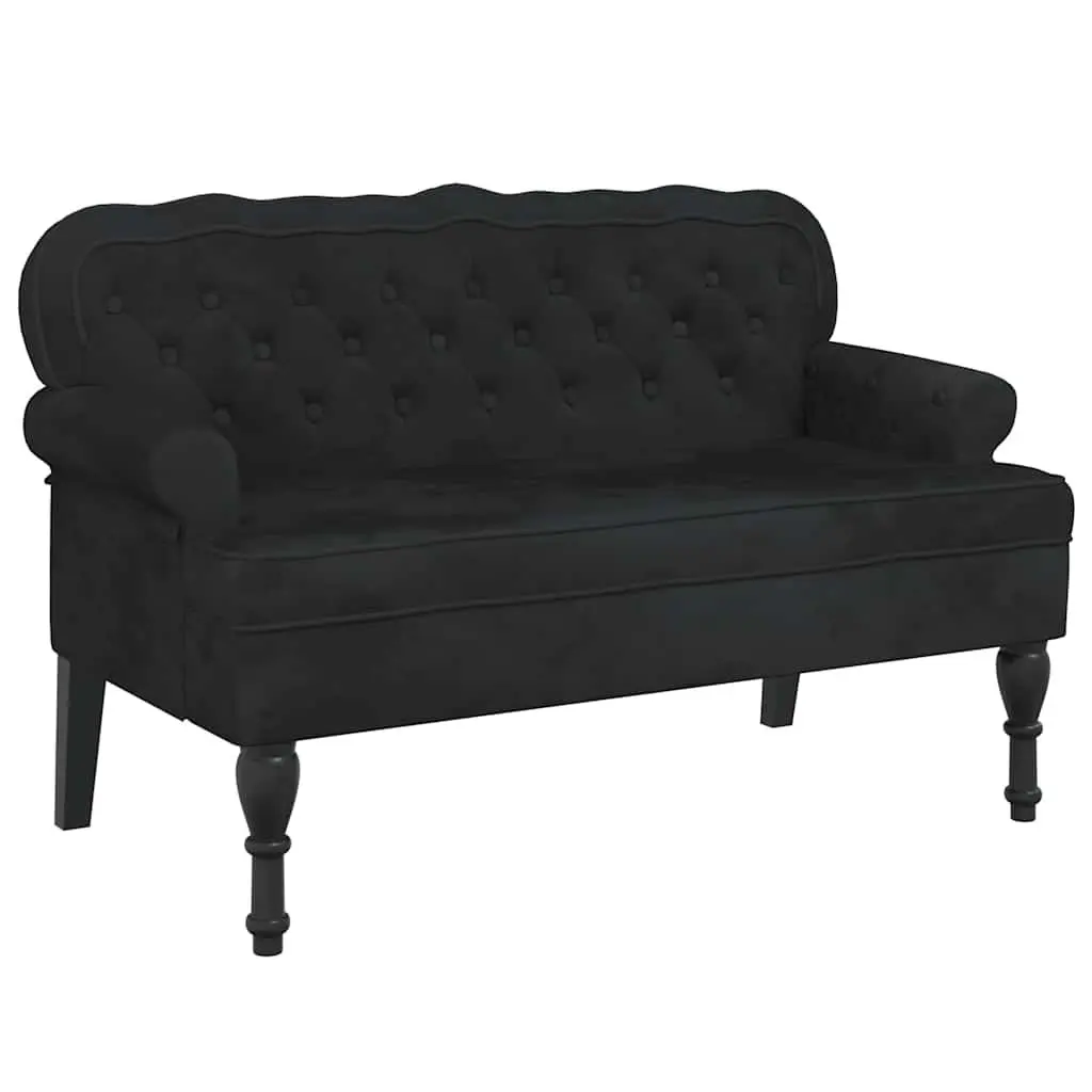 Bench with Backrest Black Velvet Padded Seat Wave-Shaped Back Armrests