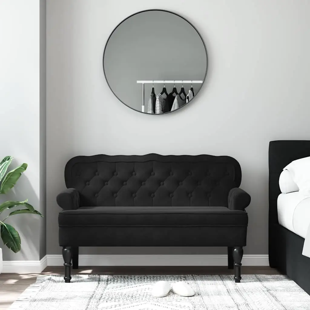 Bench with Backrest Black Velvet Padded Seat Wave-Shaped Back Armrests