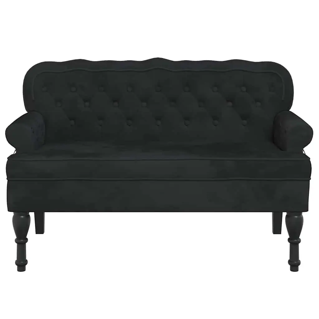 Bench with Backrest Black Velvet Padded Seat Wave-Shaped Back Armrests