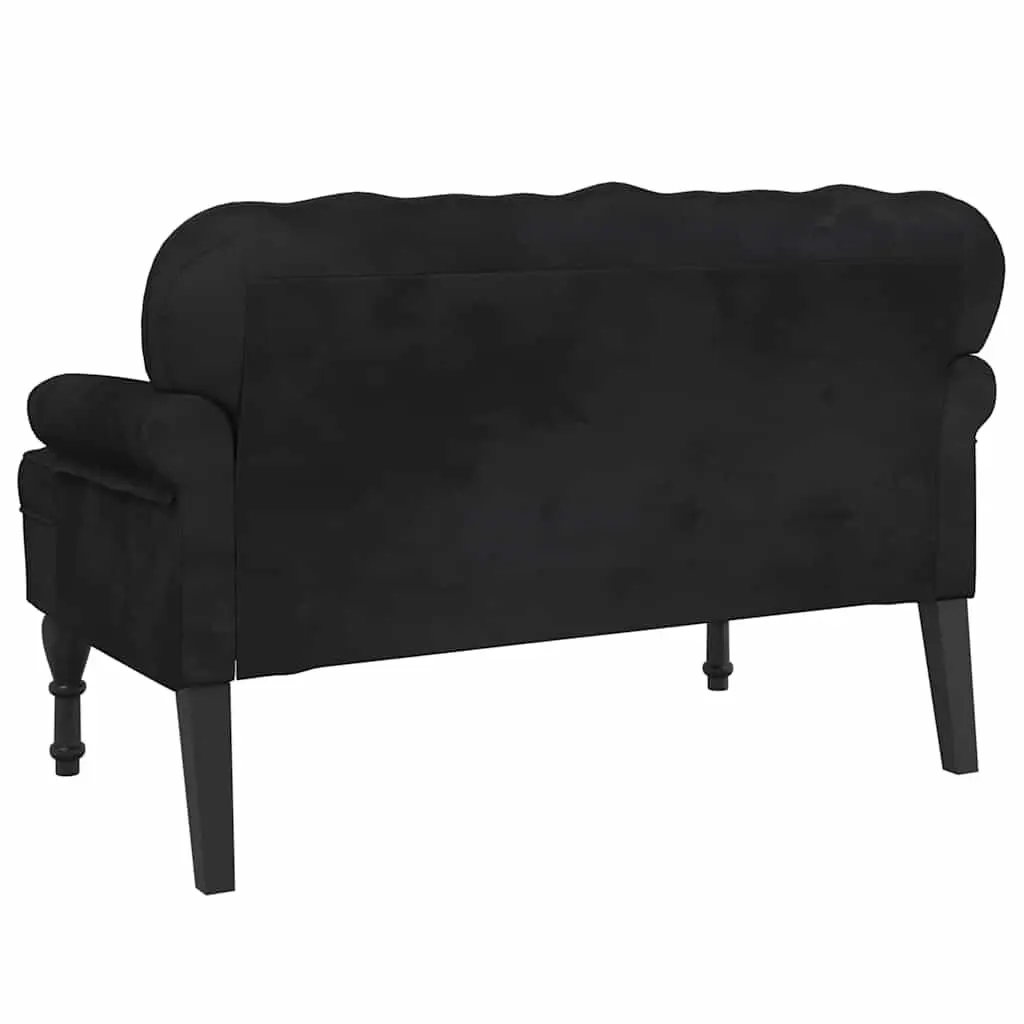Bench with Backrest Black Velvet Padded Seat Wave-Shaped Back Armrests