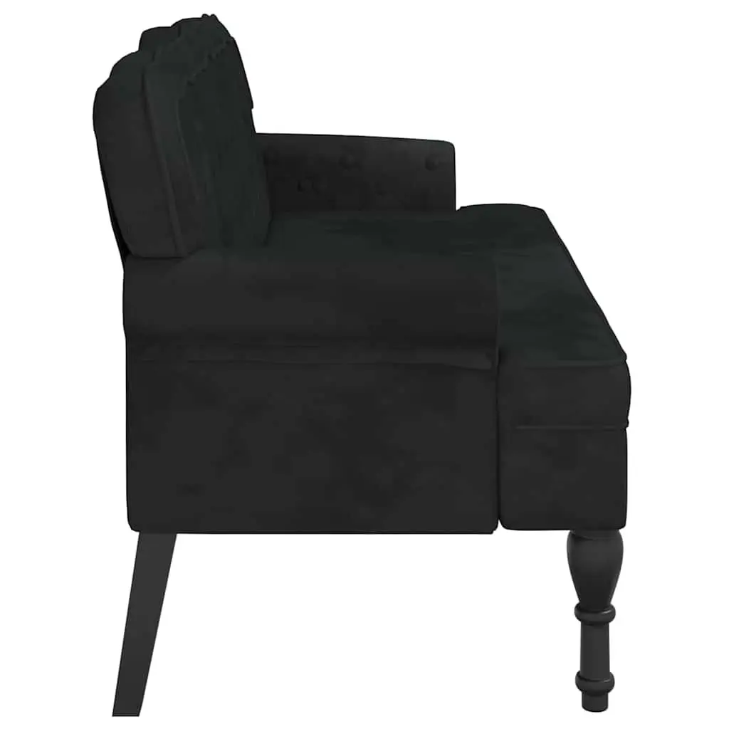 Bench with Backrest Black Velvet Padded Seat Wave-Shaped Back Armrests