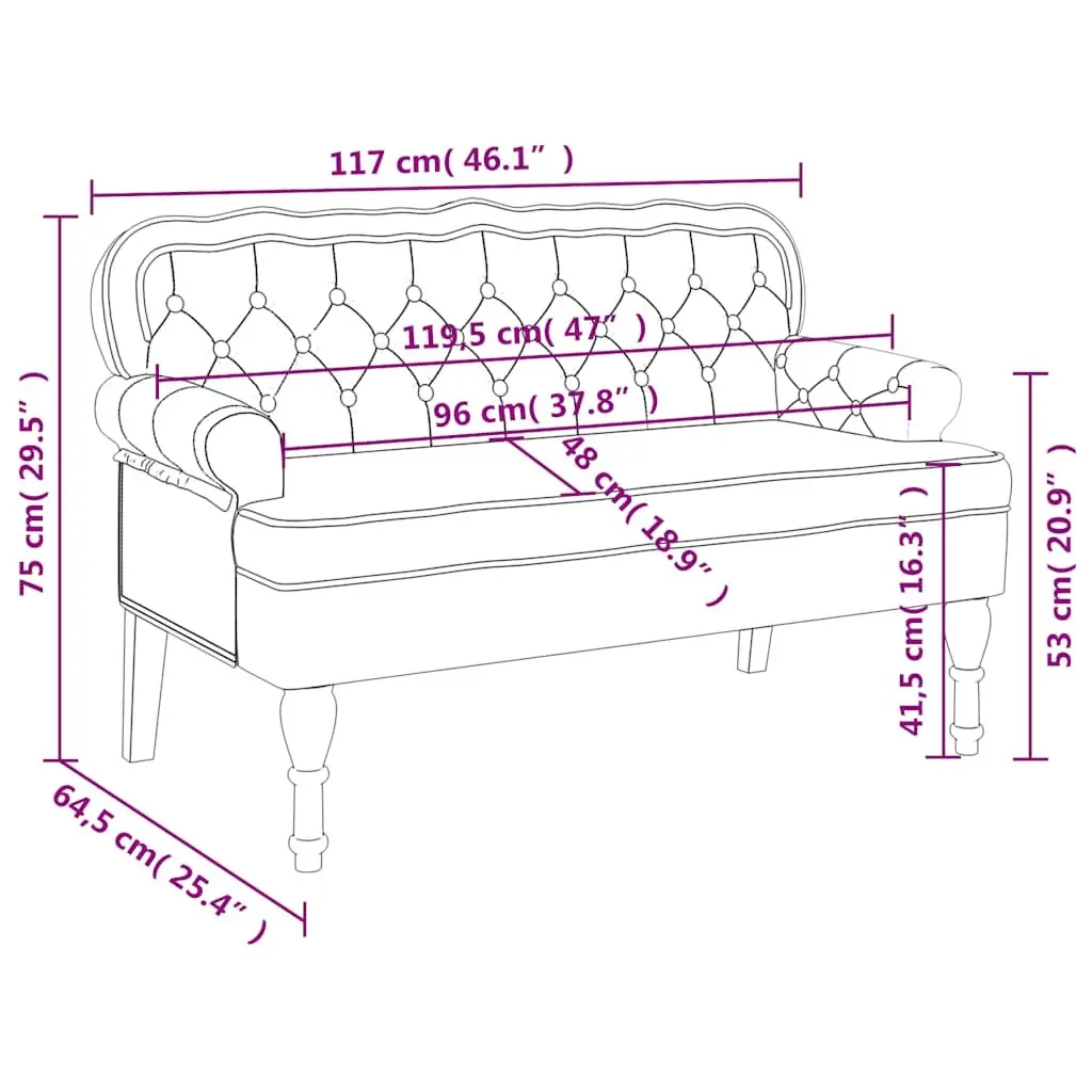 Bench with Backrest Black Velvet Padded Seat Wave-Shaped Back Armrests