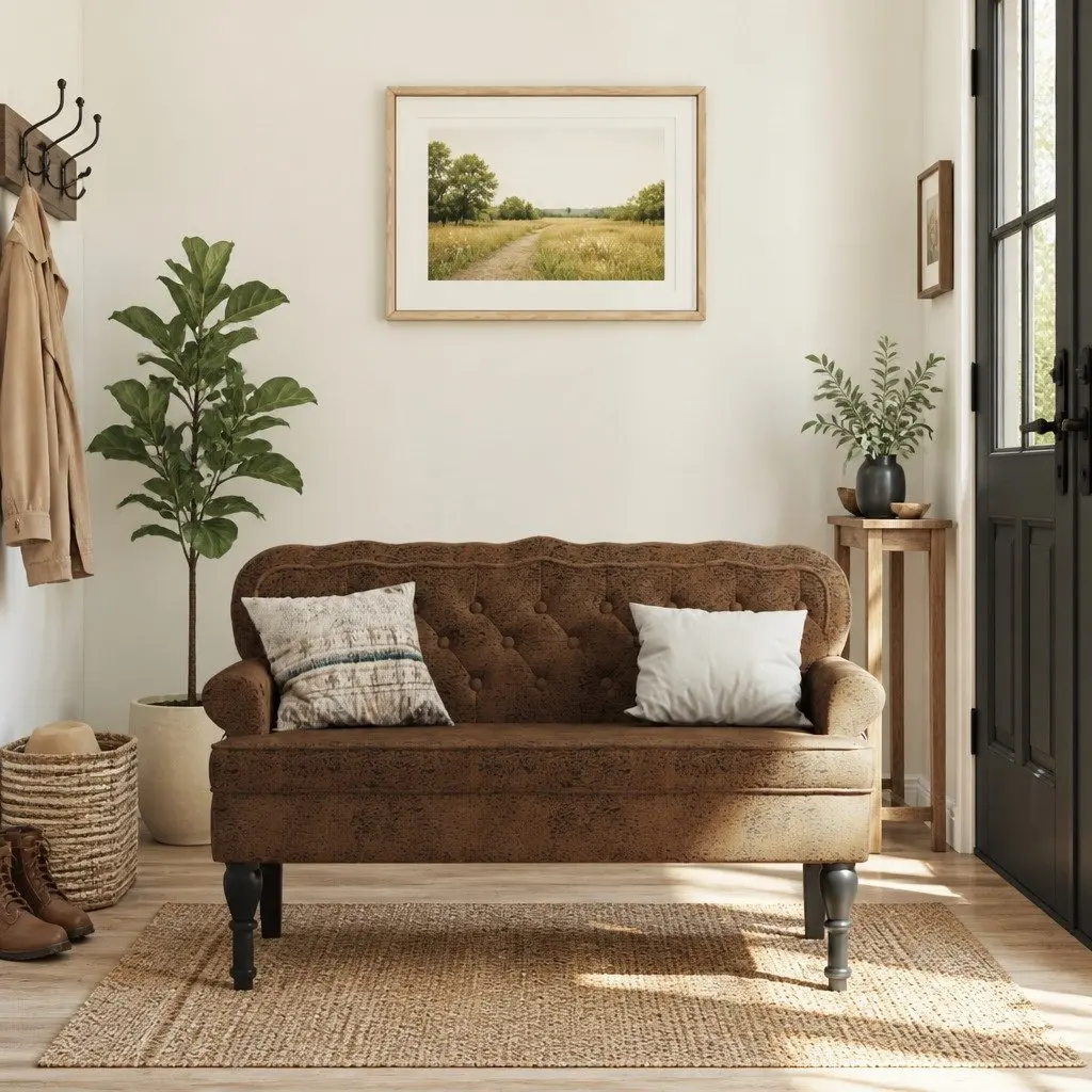 Bench with Backrest Brown Faux Suede Leather Padded Seat Wave Design Home