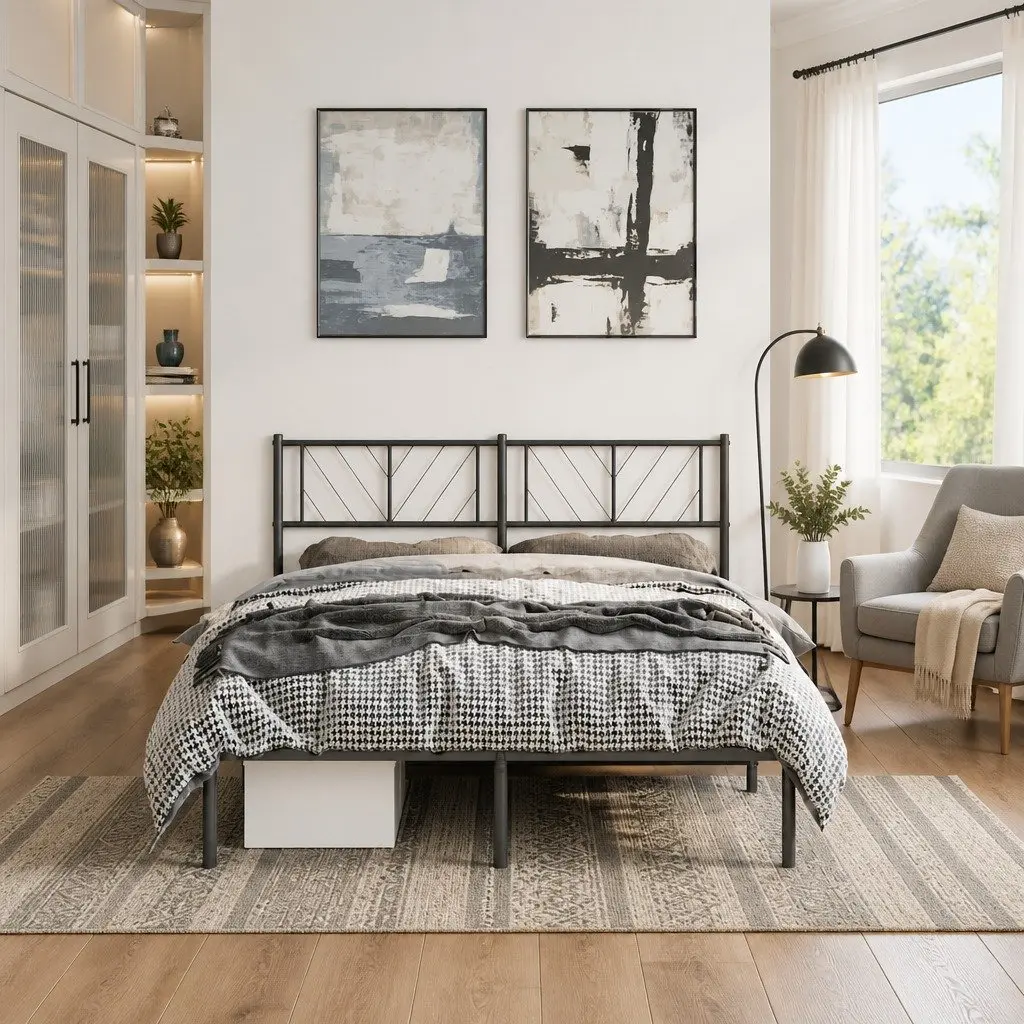 Black Metal Bed Frame with Headboard 150x200 cm