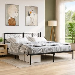 Metal Bed Frame King 183x203cm Black Headboard Steel Slatted Base Bedroom
