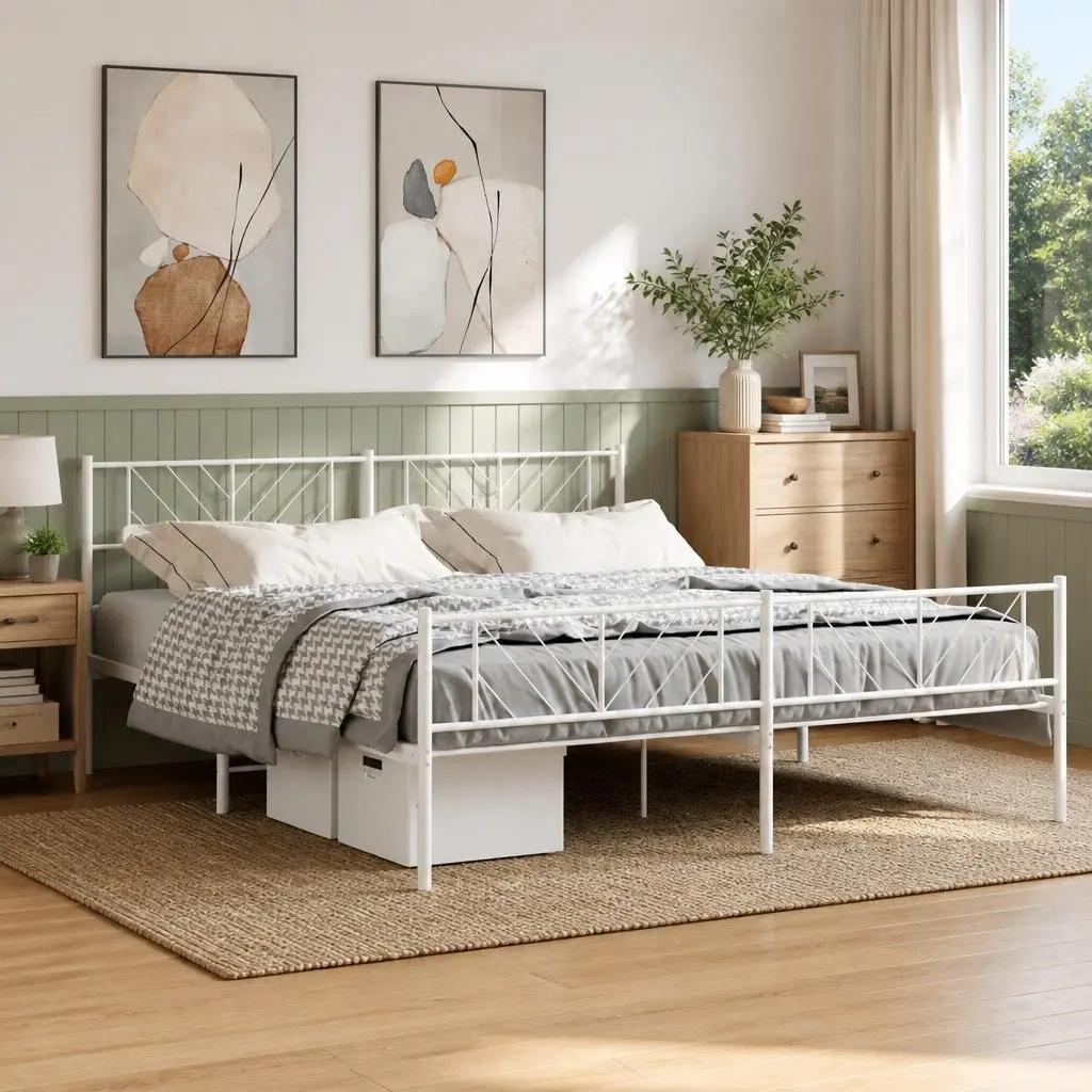 Metal Bed Frame White King Size 183x203cm with Footboard Slatted Base