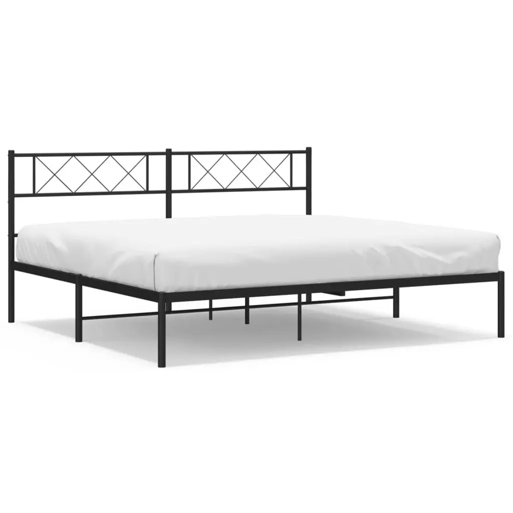 King Metal Bed Frame with Headboard Black Powder-coated Steel Slatted Base 183 x 203 cm