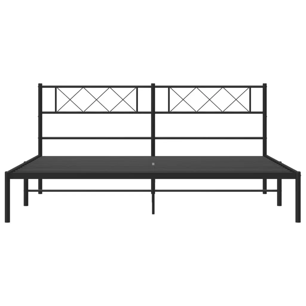King Metal Bed Frame with Headboard Black Powder-coated Steel Slatted Base 183 x 203 cm