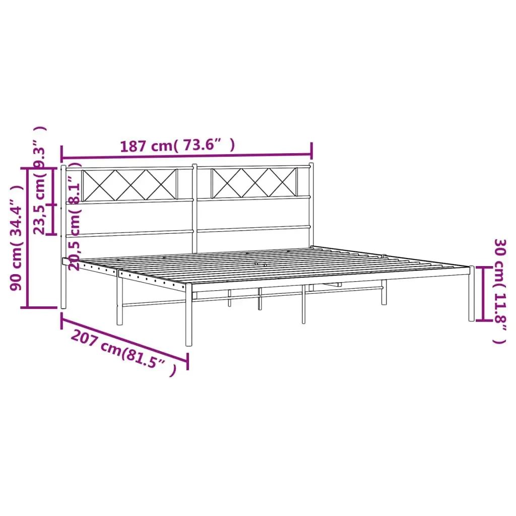 King Metal Bed Frame with Headboard Black Powder-coated Steel Slatted Base 183 x 203 cm