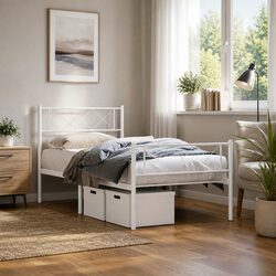 Metal Bed Frame King Single 107x203 cm with Footboard Slatted Base White