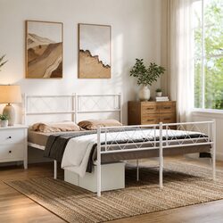 Metal Bed Frame White 150x200 cm with Footboard Headboard Support Slats