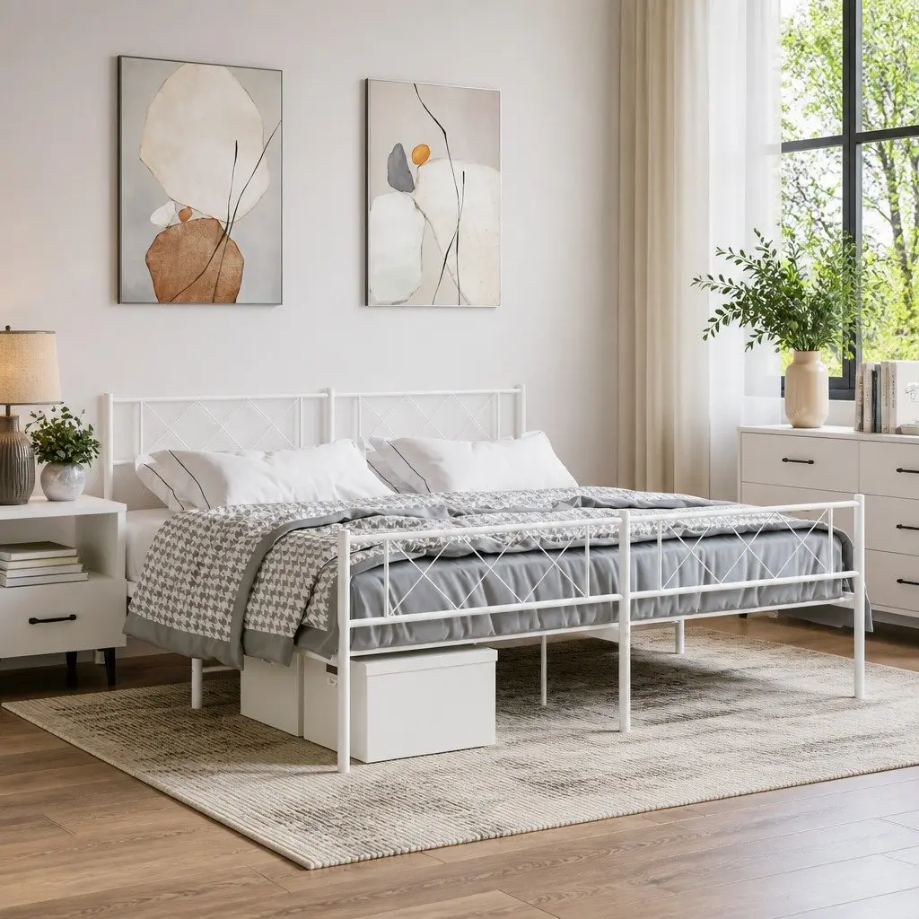 Metal Bed Frame King Size White with Footboard and Headboard 183x203cm