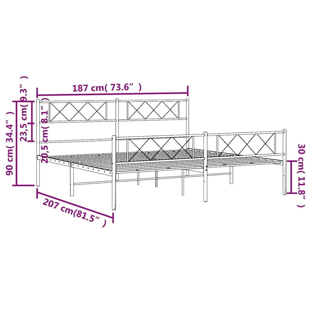 Metal Bed Frame King Size White with Footboard and Headboard 183x203cm
