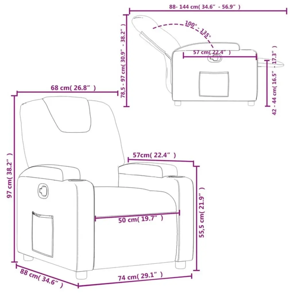 Recliner Chair Manual Reclining Grey Fabric Armchair with Cup Holders Side