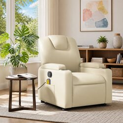 Massage Recliner Chair Cream Faux Leather Manual Recline Vibration 6 Points