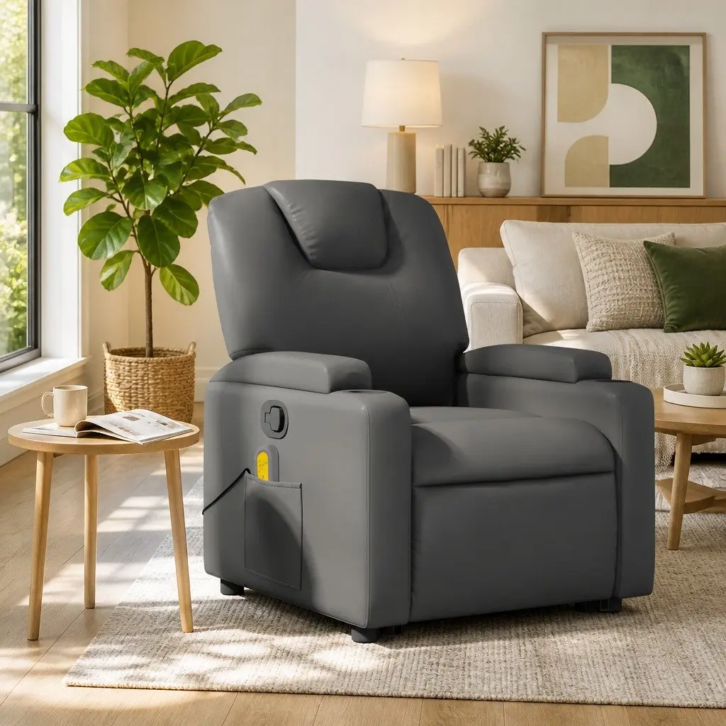 Massage Recliner Chair Manual Reclining Grey Faux Leather 135 Degrees