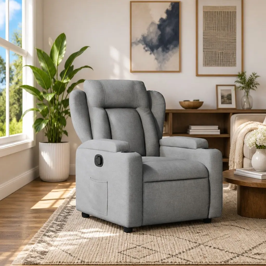 Recliner Chair Manual Reclining Armchair Grey Fabric Lounge Seat Cup Holders