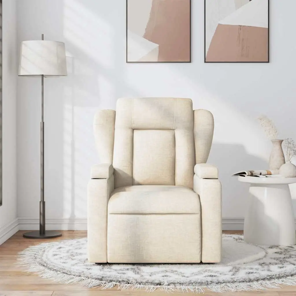 Massage Recliner Chair Cream Fabric Manual Reclining with 6 Massage Points and Cup Holders