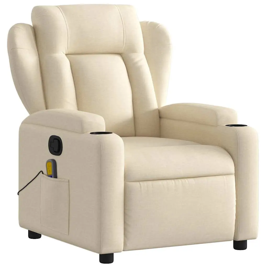 Massage Recliner Chair Cream Fabric Manual Reclining with 6 Massage Points and Cup Holders