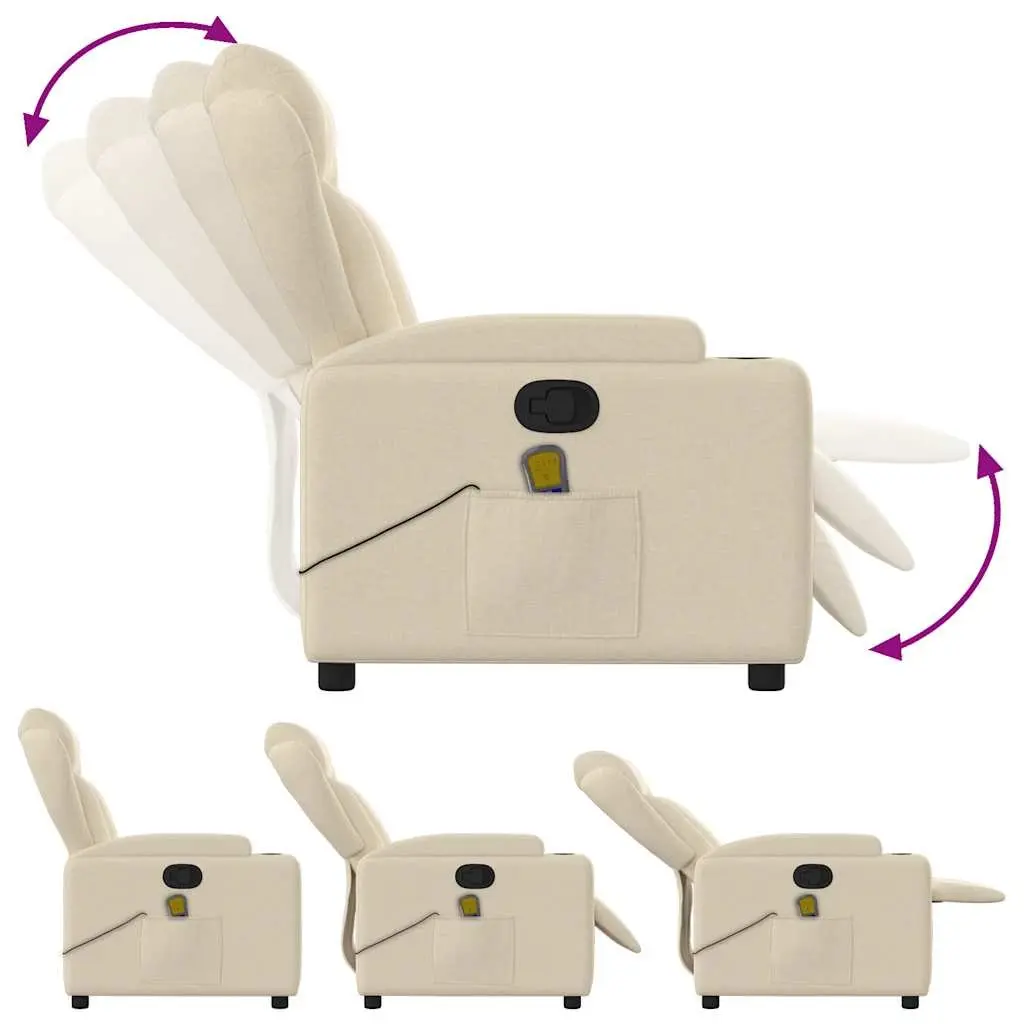 Massage Recliner Chair Cream Fabric Manual Reclining with 6 Massage Points and Cup Holders