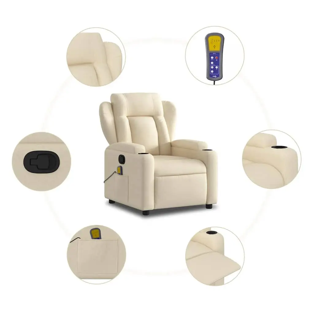 Massage Recliner Chair Cream Fabric Manual Reclining with 6 Massage Points and Cup Holders
