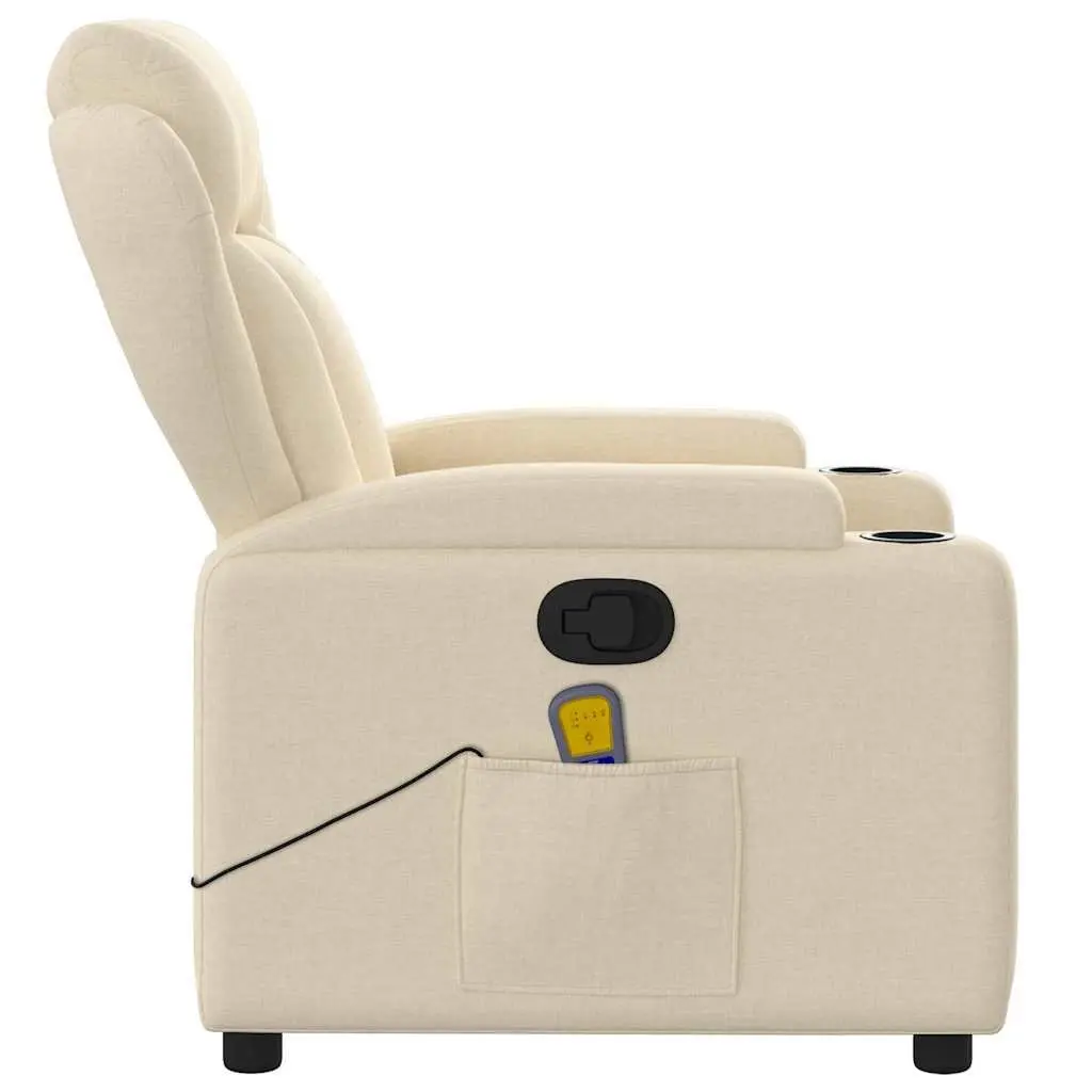Massage Recliner Chair Cream Fabric Manual Reclining with 6 Massage Points and Cup Holders