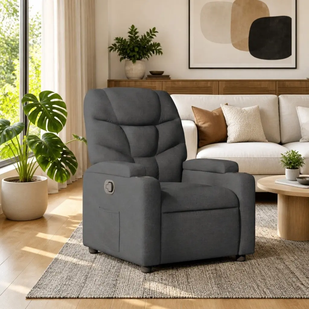 Recliner Chair Manual Recline Armchair Lounge Seat Cup Holders Side Pocket Grey